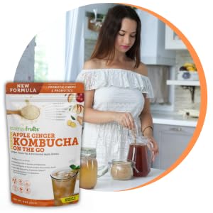 Essenzefruits Apple Ginger Kombucha Powder Tea Mix Beverage – Sugar Free, Fermented & Dried - Just Add Water! Live Probiotics & Prebiotic Blend, Vitamin C - Makes up to 30 Cups (8 Oz, 226g)
