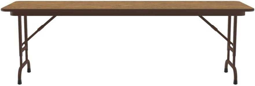 Correll Heavy Duty Adjustable Height Utility Folding Table, Melamine Top, USA Made, Strong Steel Apron, 24"x60", Medium Oak Top Brown Edge