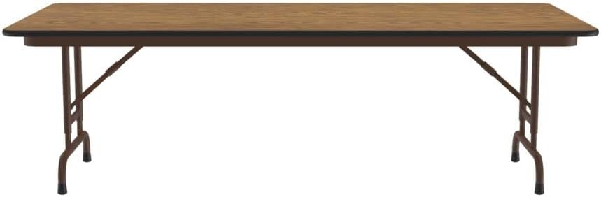 Correll Heavy Duty Adjustable Height Utility Folding Table, Melamine Top, USA Made, Strong Steel Apron, 30"x96", Medium Oak Top Brown Edge