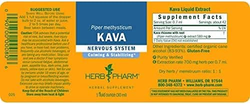 Herb Pharm Organic Kava Root Liquid Extract for Stress Relief & Relaxation*: Vegan Kava Extract, Non-GMO Kava Kava Tincture for Calm & Relaxed Mood, Gluten-Free, 1 Oz