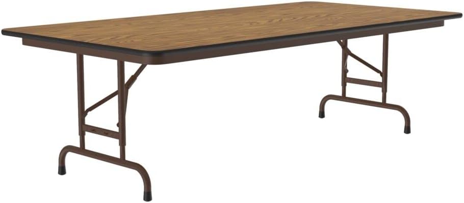 Correll Heavy Duty Adjustable Height Utility Folding Table, Melamine Top, USA Made, Strong Steel Apron, 36"x72", Medium Oak Top Brown Edge