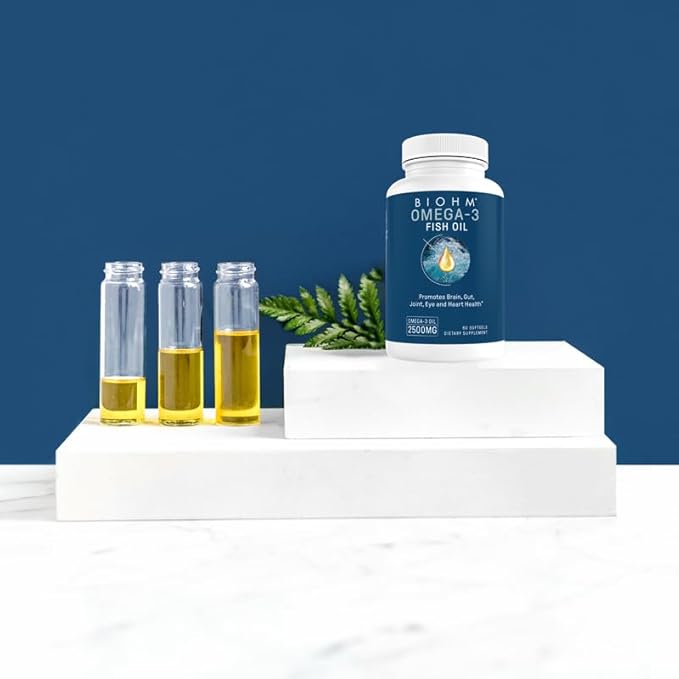 BIOHM Omega-3 Fish Oil (2500mg, 60 Softgels) High Potency 860mg EPA & 630mg DHA, Omega 3 Fatty Acid Supplements to Support Brain, Joint, Eye, Liver & Gut Health, Sustainably Sourced
