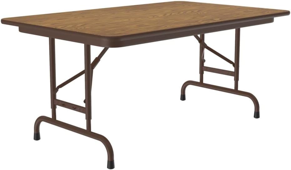 Correll Heavy Duty Adjustable Height Utility Folding Table, Melamine Top, USA Made, Strong Steel Apron, 30"x48", Medium Oak Top Brown Edge