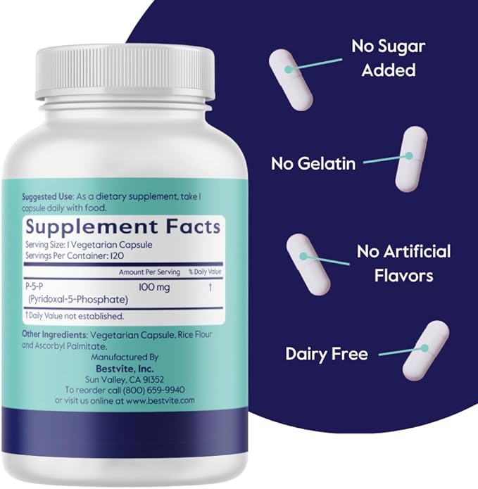 BESTVITE P-5-P 100mg (240 Vegetarian Capsules) (120 x 2) (CoEnzymated Form of B-6) - No Stearates - Vegan - Non GMO - Gluten Free