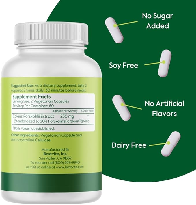BESTVITE Coleus Forskohlii 125 mg - 20% Forskolin (120 Vegetarian Capsules) - Made with Forslean The only Forskolin Ingredient Backed by Clinical Studies.