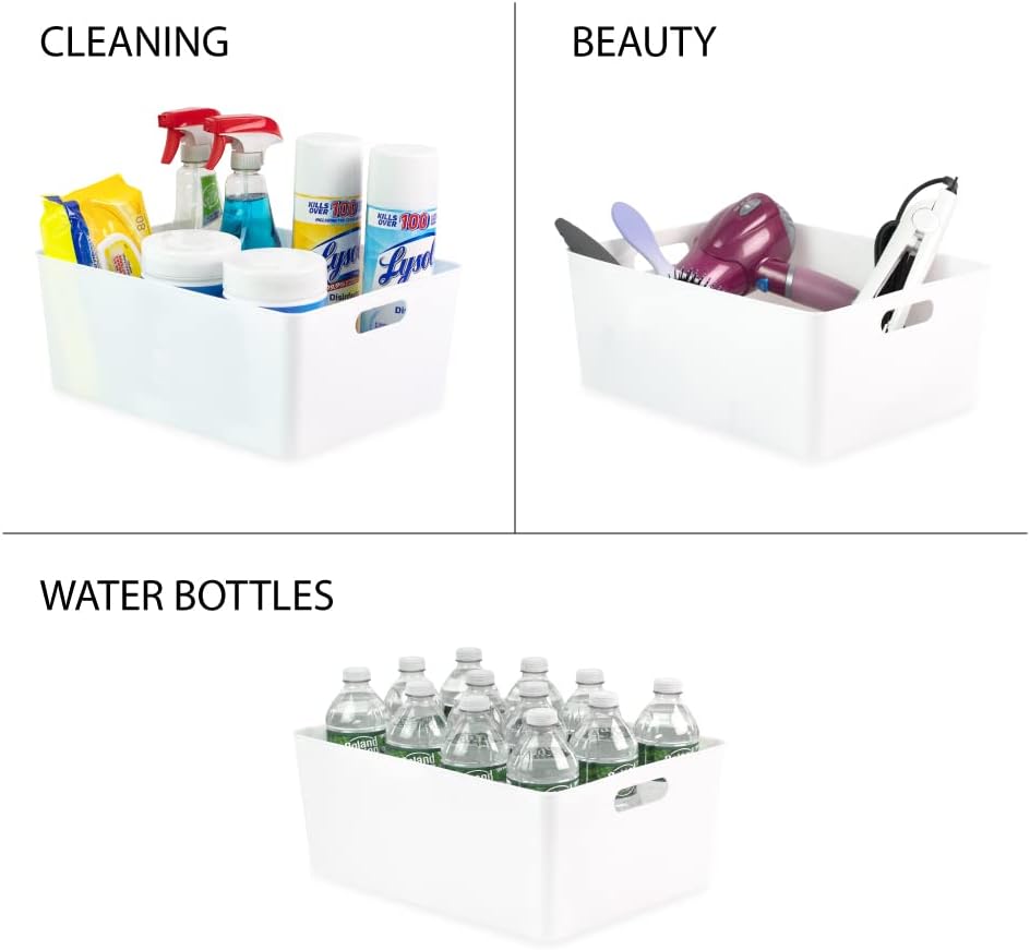 Isaac Jacobs 3-Pack XL White Storage Bin (13.9” x 10.6” x 5.75”) Set w/Cut-Out Handles, Plastic Organizer, Multi-Use, Home, Office, Pantry, Closet, Kitchen