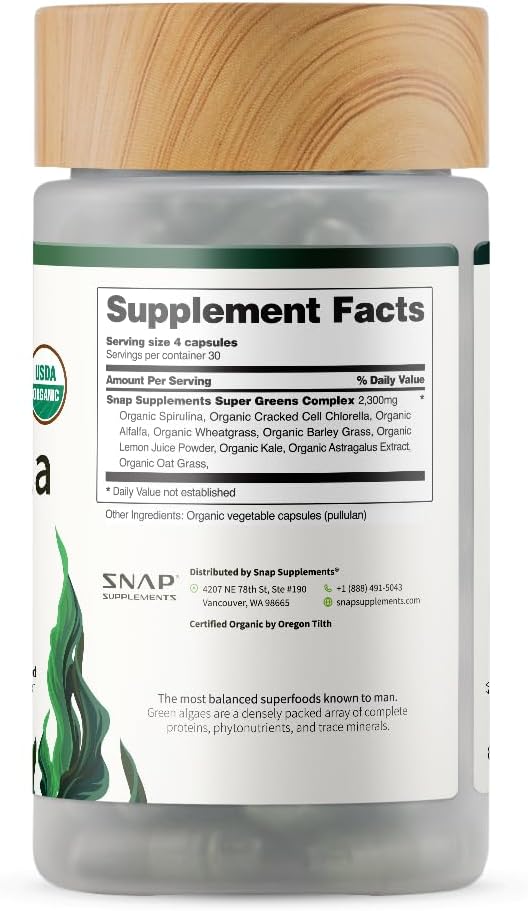 Snap Supplements Organic Spirulina and Chlorella Capsules, Chlorophyll and Protein Rich Blue Green Algae Superfood Supplement for Energy and Immune Support, Vegan, Non GMO, Greens Blend, 120 Capsules