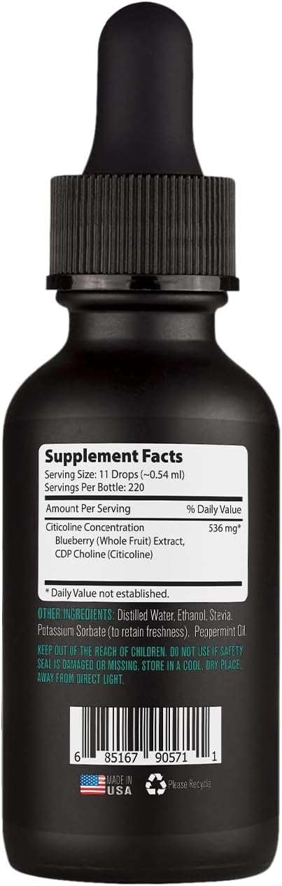 Citicoline Liquid Drops 536 mg, 4 Oz Liquid, 220 Servings, Made in USA, Quick Absorption, Quality Potent Ingredients, Non-GMO, GMP Certified, Cruelty-Free Products