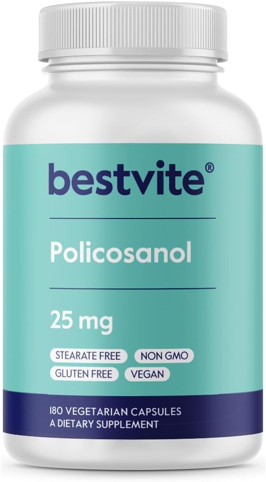 BESTVITE Policosanol 25mg (180 Vegetarian Capsules) - No Stearates - No Flow Agents - Vegan - Non GMO - Gluten Free