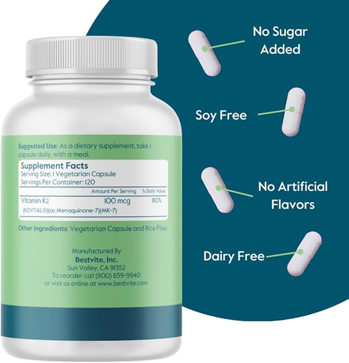 BESTVITE Vitamin K2 100 mcg as MK-7 (240 Vegetarian Capsules)(120x2) - No Stearates - Vegan - Non GMO - Gluten Free