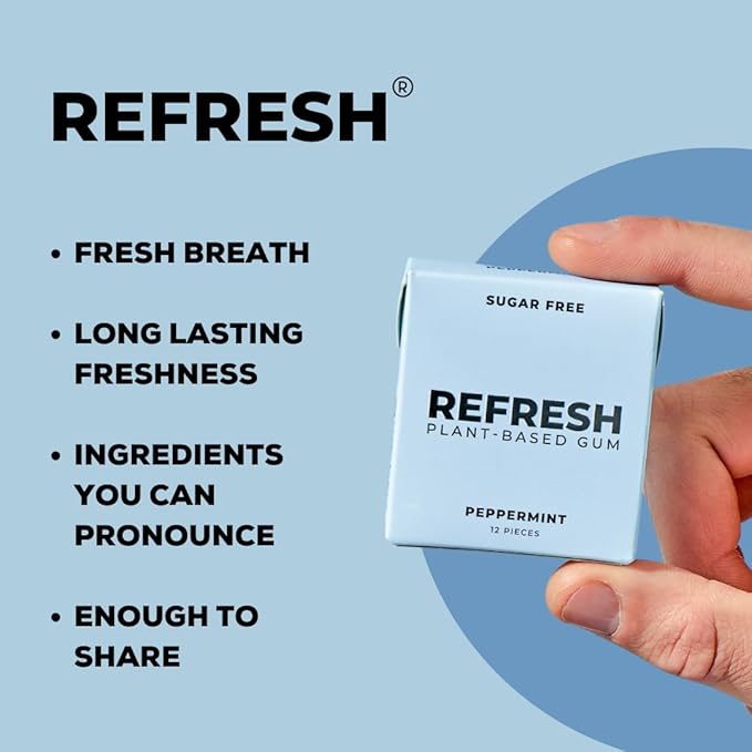 Refresh Gum, Xylitol, Natural, Sugar Free, Aspartame Free, Plastic Free, Natural Flavors & Organic Ingredients, Plant-Based, Low Calorie, Non GMO, Gluten Free, Vegan, Peppermint, 12 Pcs, 12 Pck