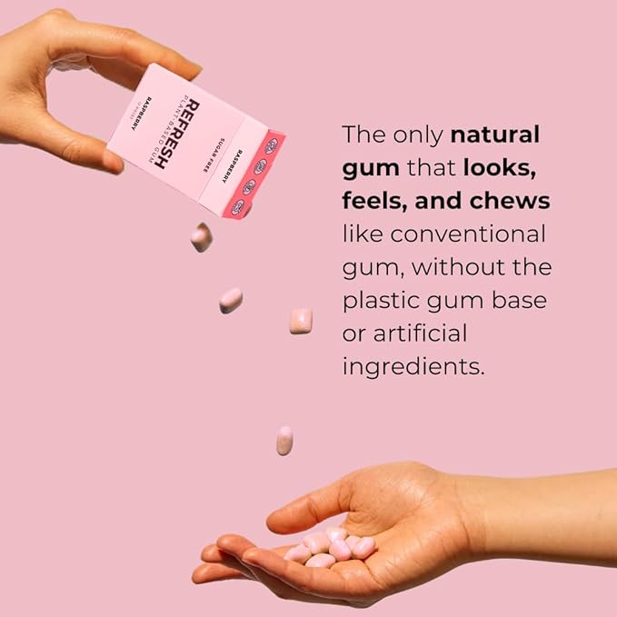 Refresh Gum, Xylitol, Natural, Sugar Free, Aspartame Free, Plastic Free, Natural Flavors & Organic Ingredients, Plant-Based, Low Calorie, Non GMO, Gluten Free, Vegan, Raspberry Flavor, 12 Pcs, 12 Pack