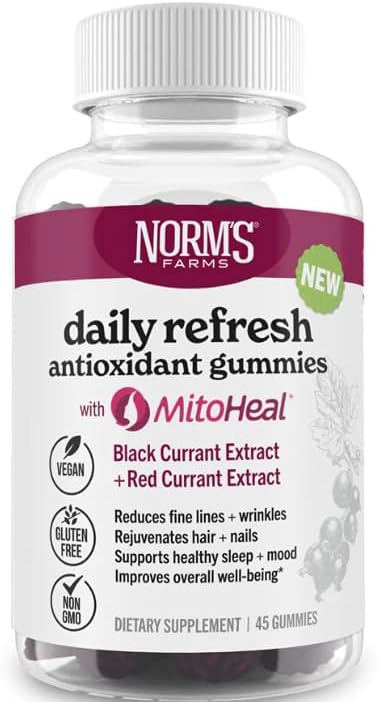 Norm's Farms Elderberry Antioxidant Gummies - Daily Refresh w/MitoHeal, 500mg Red & Black Currant Extract - Sleep, Mood, Skin, Hair & Nail Support - USA Made, Vegan, Non-GMO, Gluten-Free - 45 Gummies