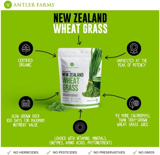 Antler Farms - 100% Pure, Organic, New Zealand Wheatgrass Powder, 40 Servings, 200g - Raw, Vegan, Gluten Free, Nutrient Rich, High Chlorophyll Wheat Grass, Detox, Essential Amino Acids, Minerals