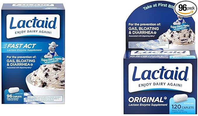 Lactaid Fast Act Lactose Intolerance Relief Caplets with Lactase Enzyme & Original Strength Lactose Intolerance Relief Caplets with Natural Lactase Enzyme