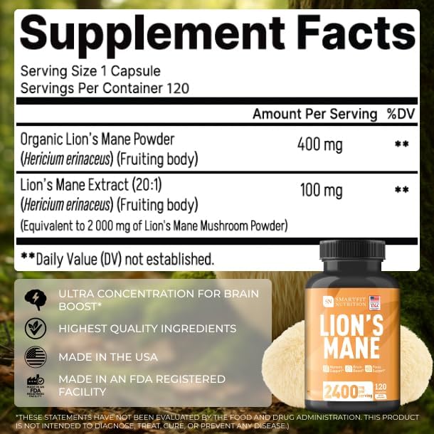 Lions Mane Supplement Capsules - Mushroom Supplement - Focus Factor - Immune Support - Brain Supplements for Memory and Focus - Made in USA - 120 Capsules