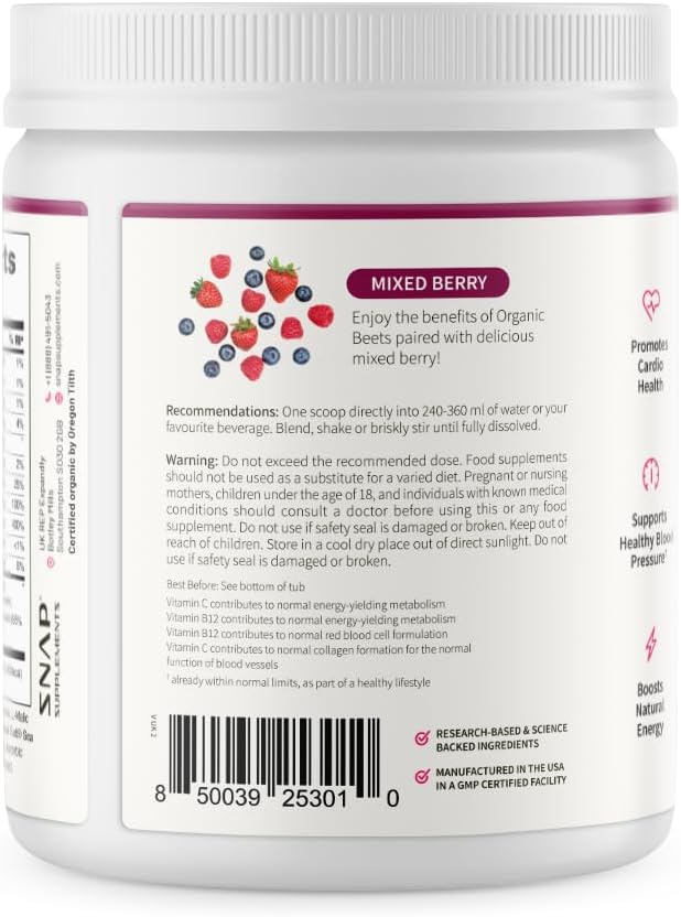 Snap Supplements Organic Beet Root Powder, Nitric Oxide Supplements for Men & Women, Beets, Pomegranate, B Vitamins & Red Spinach, Energy, Heart Health & Circulation Support, 30 Servings, Mixed Berry