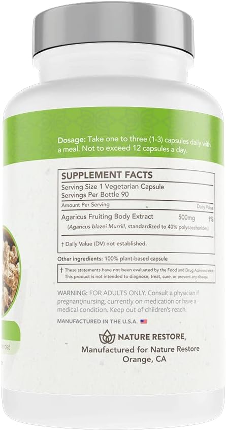 Nature Restore Agaricus Blazei Murill Extract Mushroom Supplement, 90 Capsules, 40% polysaccharides