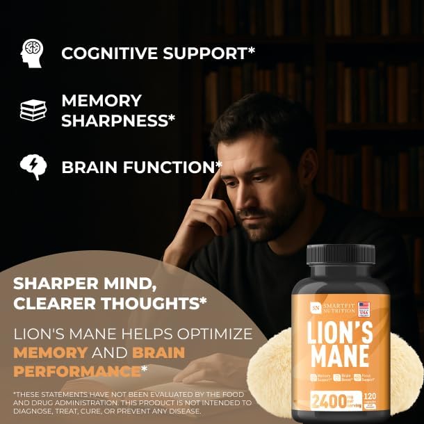 Lions Mane Supplement Capsules - Mushroom Supplement - Focus Factor - Immune Support - Brain Supplements for Memory and Focus - Made in USA - 120 Capsules