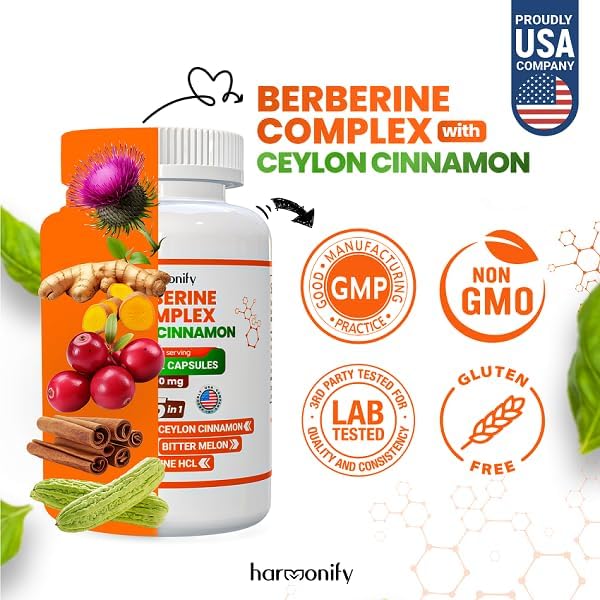 Berberine Supplement with Ceylon Cinnamon, Milk Thistle, Turmeric, Bitter Melon Complex, Immune Supports, 120 Capsules, 1000 mg, Vegan, Non-GMO