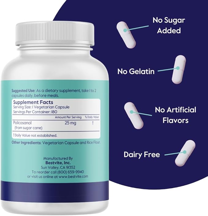 BESTVITE Policosanol 25mg (180 Vegetarian Capsules) - No Stearates - No Flow Agents - Vegan - Non GMO - Gluten Free