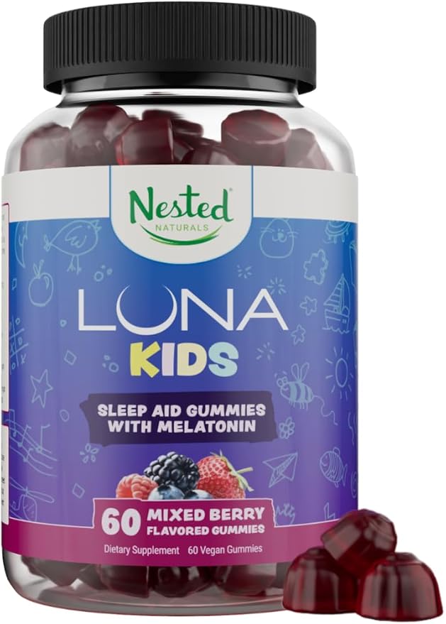 Nested Naturals Luna Kids Sleep Gummies - Non-Habit Forming Kids Melatonin Gummy with Valerian Root, Chamomile, and Lemon Balm - Children's Melatonin Sleep Aid - Mixed Berry, 60 Vegan Gummies