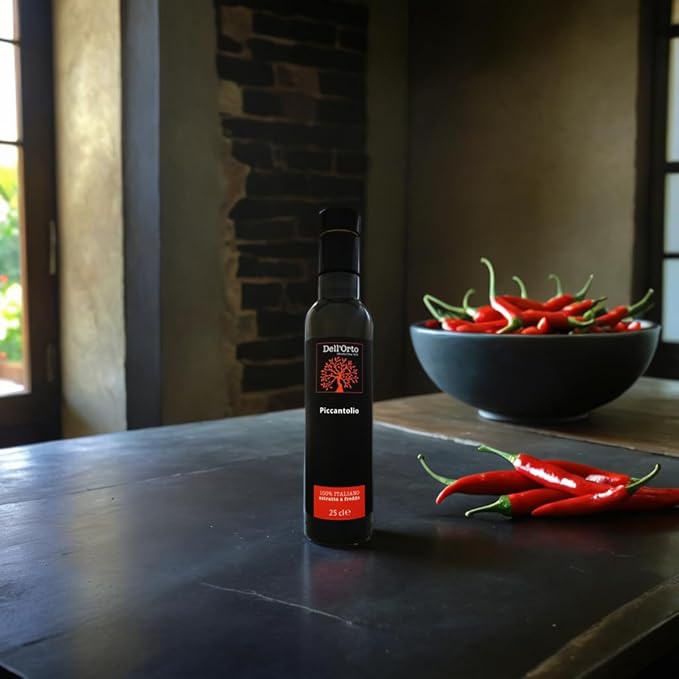 Dell'Orto Piccantolio Chili Olive Oil Extra Virgin (250ml) | Hot Peppers, Cold Pressed Spicy Olive Oil | Bold for Meats & Pasta | Award-Winning, Harvest Date | 8.45 fl oz