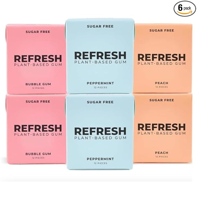 Refresh Gum, Xylitol, Sugar Free, Natural, Aspartame Free Chewing Gum, Natural Flavors & Organic Ingredients, Plant-Based, Non GMO, Gluten Free, Vegan, Peppermint, Bubble Gum & Peach, 12 Pcs, 6 Pack