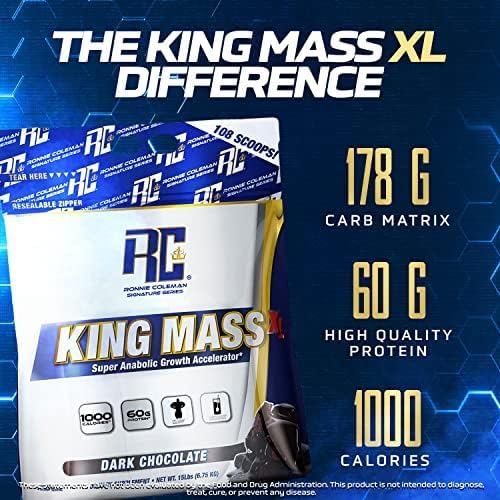 Ronnie Coleman Signature Series King Mass XL Protein Powder, Weight and Muscle Gainer, 60g Protein, 180g Carbohydrates, 1,000+ Calories Per Serving, Creatine and Glutamine (20lb, Dark Chocolate)