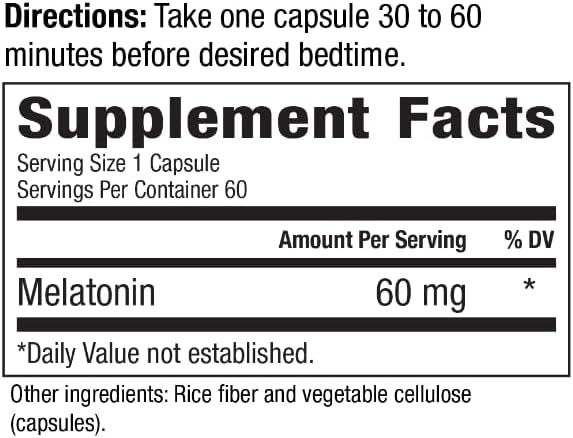 Melatonin 60mg | High Dosage Melatonin in Easy-to-Swallow Capsules | Vegan, Non-GMO & Gluten-Free | US-Made Extra Strength Melatonin (2-Pack)
