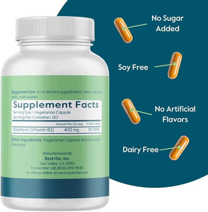 BESTVITE Vitamin B-2 (Riboflavin) 400mg (240 Vegetarian Capsules) (120 x 2) - No Stearates - Vegan - Non GMO - Gluten Free
