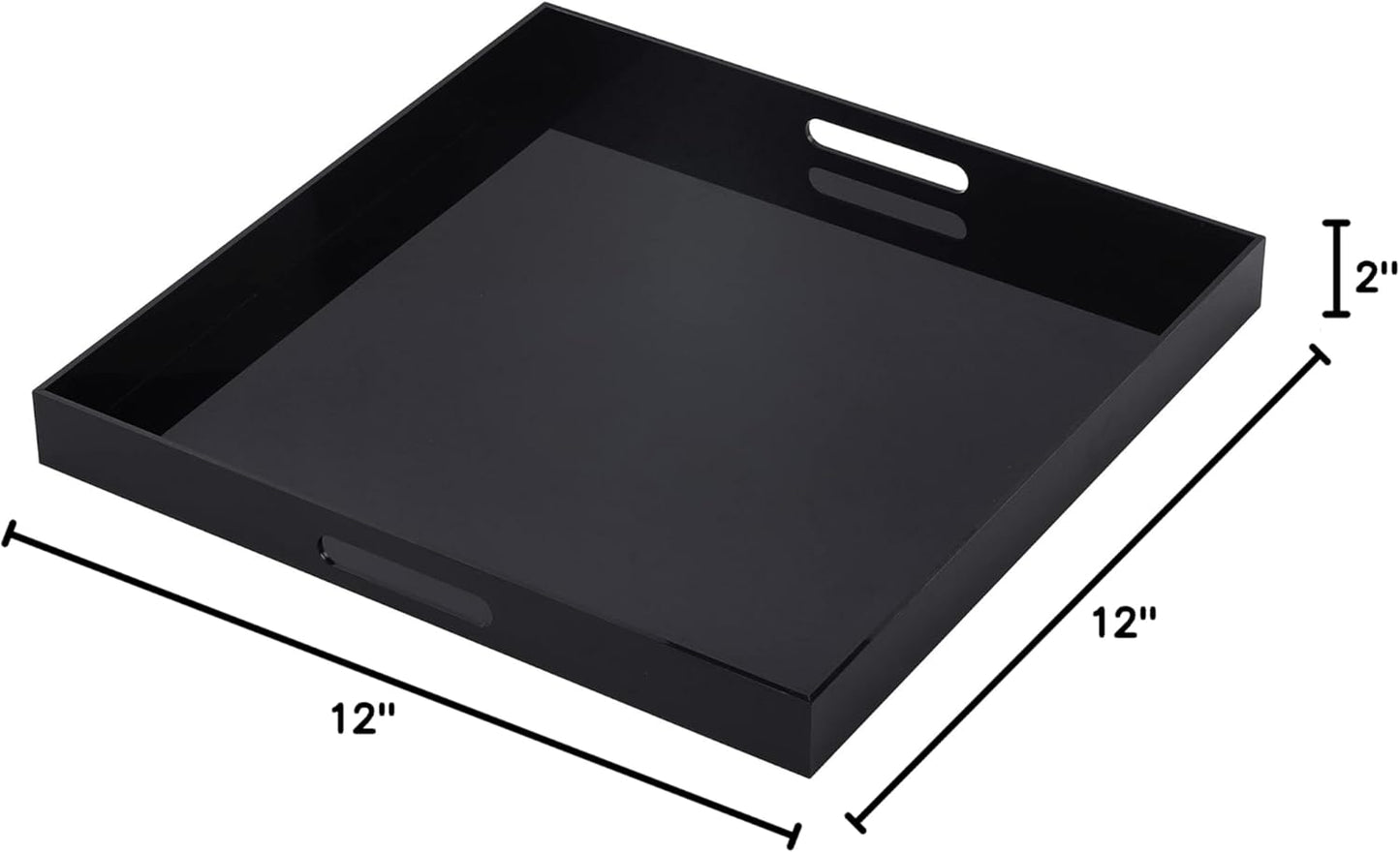 Glossy Black Acrylic Serving Tray with Handles 12x12 Inch -Spill Proof- Decorative Trays Countertop Organizer for Ottoman,Nightstand, Sidetable, Butler (12X12 Inch, Black)