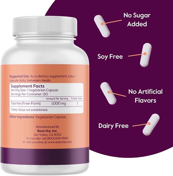 BESTVITE Taurine 1000mg (120 Vegetarian Capsules) - No Stearates - No Fillers - No Flow Agents - Vegan - Non GMO - Gluten Free
