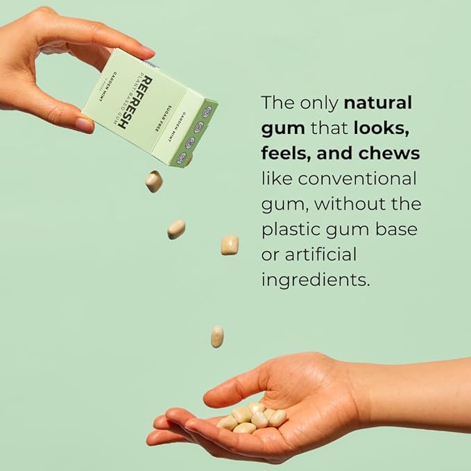 Refresh Gum, Xylitol, Natural, Sugar Free, Aspartame Free Chewing Gum, Plastic Free, Natural Flavors & Organic Ingredients, Plant-Based, Non GMO, Peppermint, Garden Mint & Raspberry Variety Pack, 12 Pcs, 6 Pack