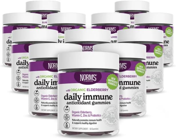 Norm's Farms Organic Elderberry Gummies - Daily Immune Support for Adults & Kids with Zinc, DE111 Probiotic, Vitamin C - Made in USA, 3rd Party Tested - Vegan, Gluten-Free, Kosher, Non-GMO, 60 Gummies