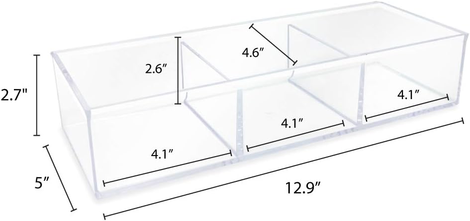 Isaac Jacobs Large 3-Compartment Acrylic Stackable Organizer (12.9" L x 5" W x 2.7" H), Multi-Sectional Tray & Storage Solution for Makeup, Craft Supplies, Bathroom, Kitchen, Office (Clear)