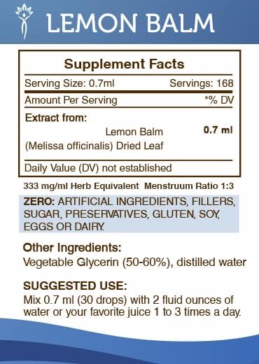 Secrets of the Tribe Lemon Balm Alcohol-Free Liquid Extract, Lemon Balm (Melissa officinalis) Tincture Supplement (4 FL OZ)