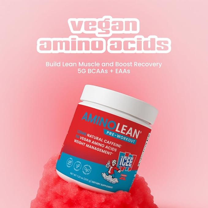 AminoLean x ICEE Pre Workout Powder, Amino Energy with Natural Caffeine from Green Tea, Vegan BCAA Amino Acids, Cherry, 30 Servings