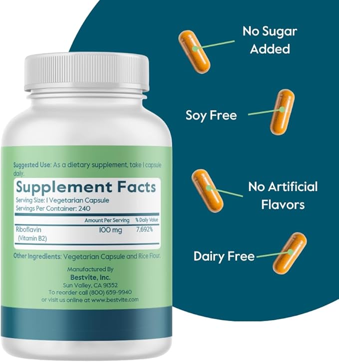 BESTVITE Vitamin B-2 100mg (240 Vegetarian Capsules) - No Stearates - No Dicalcium Phosphate - Vegan - Non GMO - Gluten Free