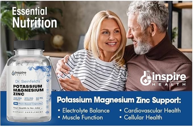 Magnesium Potassium Supplements w/Zinc - 90 Capsules - Magnesium Potassium Zinc for Vascular Health – High Absorption Vegan Supplement for Leg Cramps & Sleep Dr Seinfeld