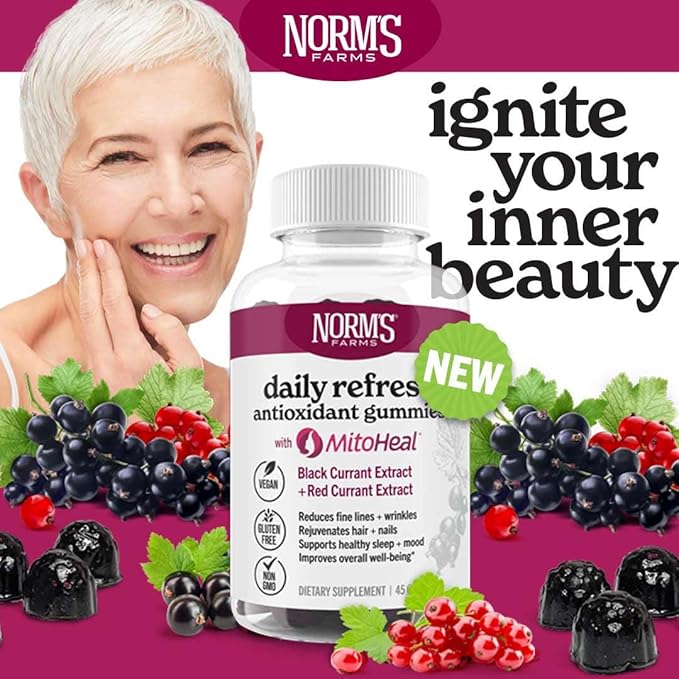 Norm's Farms Elderberry Antioxidant Gummies - Daily Refresh w/MitoHeal, 500mg Red & Black Currant Extract - Sleep, Mood, Skin, Hair & Nail Support - USA Made, Vegan, Non-GMO, Gluten-Free - 45 Gummies