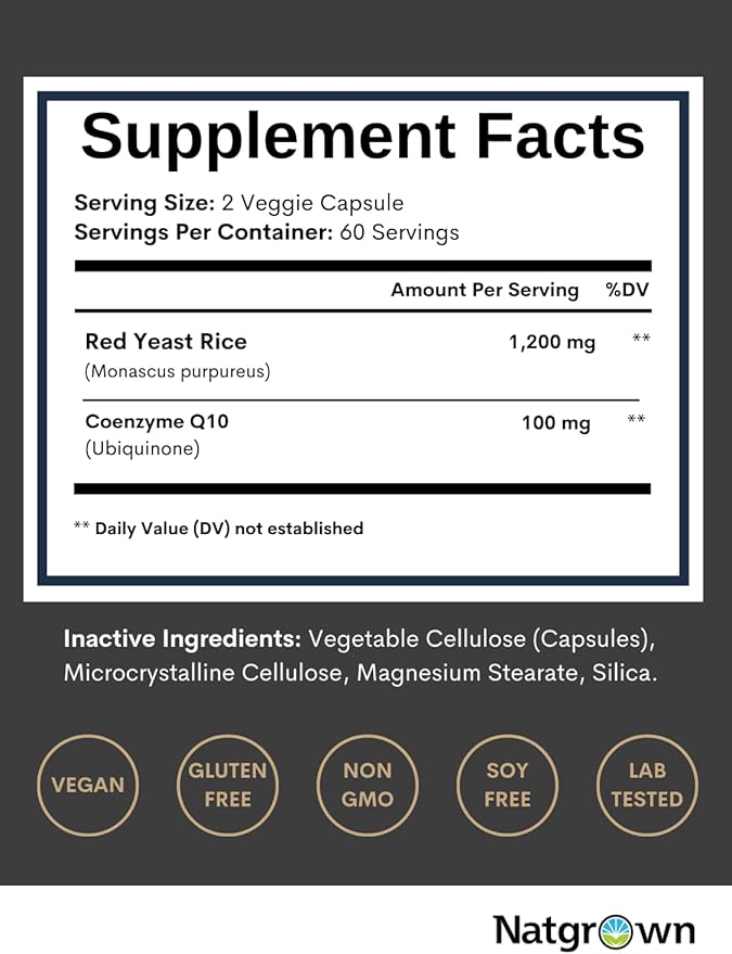 Natgrown Red Yeast Rice 1200 mg with CoQ10 Capsules - Vegan, Non-GMO Supplement | 120 Ct