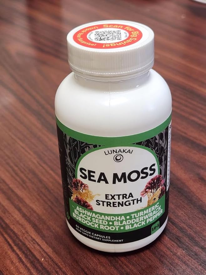 Lunakai USA Made Irish Sea Moss Capsules with Black Seed Oil, Ashwagandha, Burdock Root & Bladderwrack, 60ct