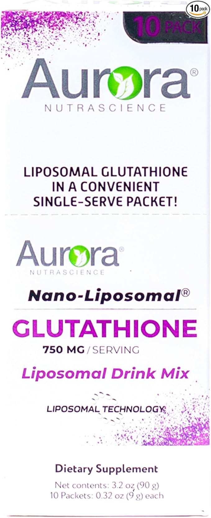 Aurora Nutrascience Nano-Liposomal Glutathione, Grape Powdered Drink Mix Immune & Antioxidant Gut Health Support Supplement, 750 mg per Serving, Non-GMO, Sugar-Free, 10 Single Serve Packets