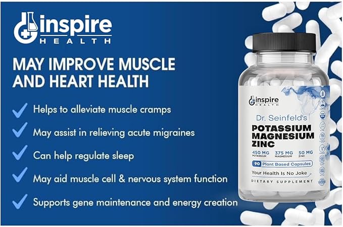 Magnesium Potassium Supplements w/Zinc - 90 Capsules - Magnesium Potassium Zinc for Vascular Health – High Absorption Vegan Supplement for Leg Cramps & Sleep Dr Seinfeld