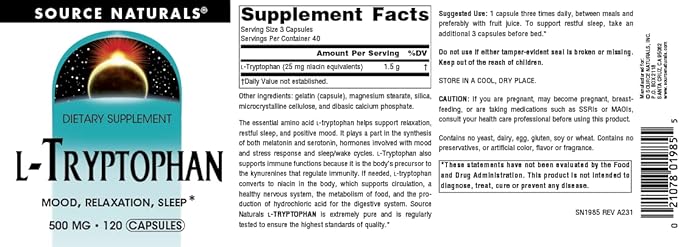 Source Naturals L-Tryptophan, for Mood, Relaxation, and Sleep*, 500mg - 120 Capsules