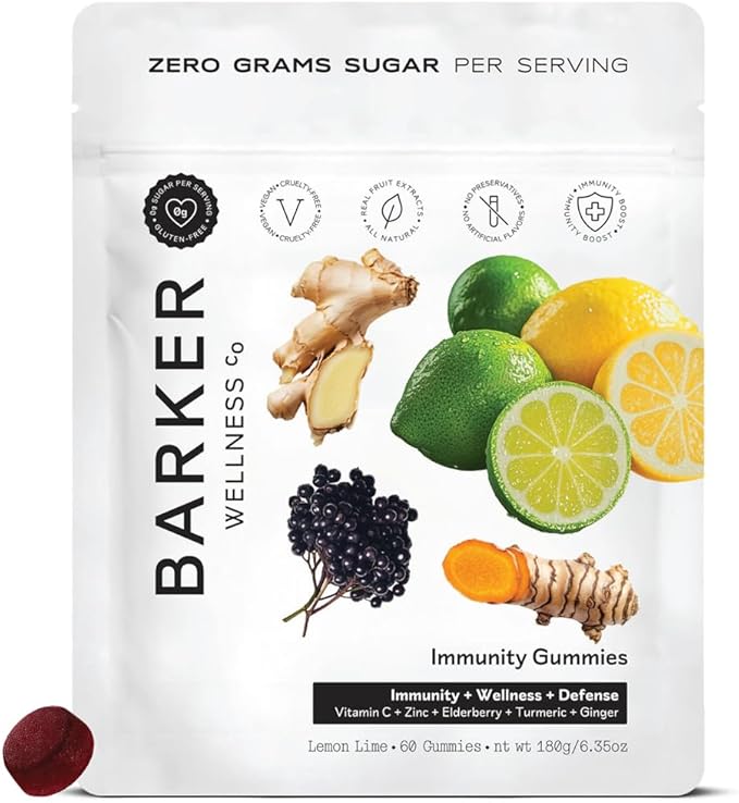 Barker Wellness Immunity Gummies | Vitamin C, Zinc, Elderberry, Turmeric & Ginger | Immune Support | Vegan, Sugar-Free | Lemon Lime Flavor | 60 Gummies
