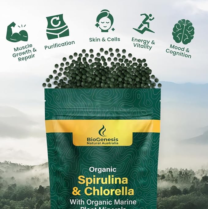 Biogenesis Organic Spirulina, Chlorella & Marine Plant Minerals – 300 Count (200 mg) | Australian Grown Algae Superfood | Support Energy & Immunity | Vegan Mini Tablets