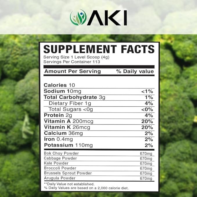 AKI Cruciferous Superfood Green Mix Powder - Made from Kale, Broccoli, Brussels Sprouts, Cabbage - Packed with Essential Phytonutrients & Vitamins ((5.3oz/150g))