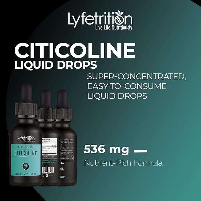 Citicoline Liquid Drops 536 mg, 4 Oz Liquid, 220 Servings, Made in USA, Quick Absorption, Quality Potent Ingredients, Non-GMO, GMP Certified, Cruelty-Free Products